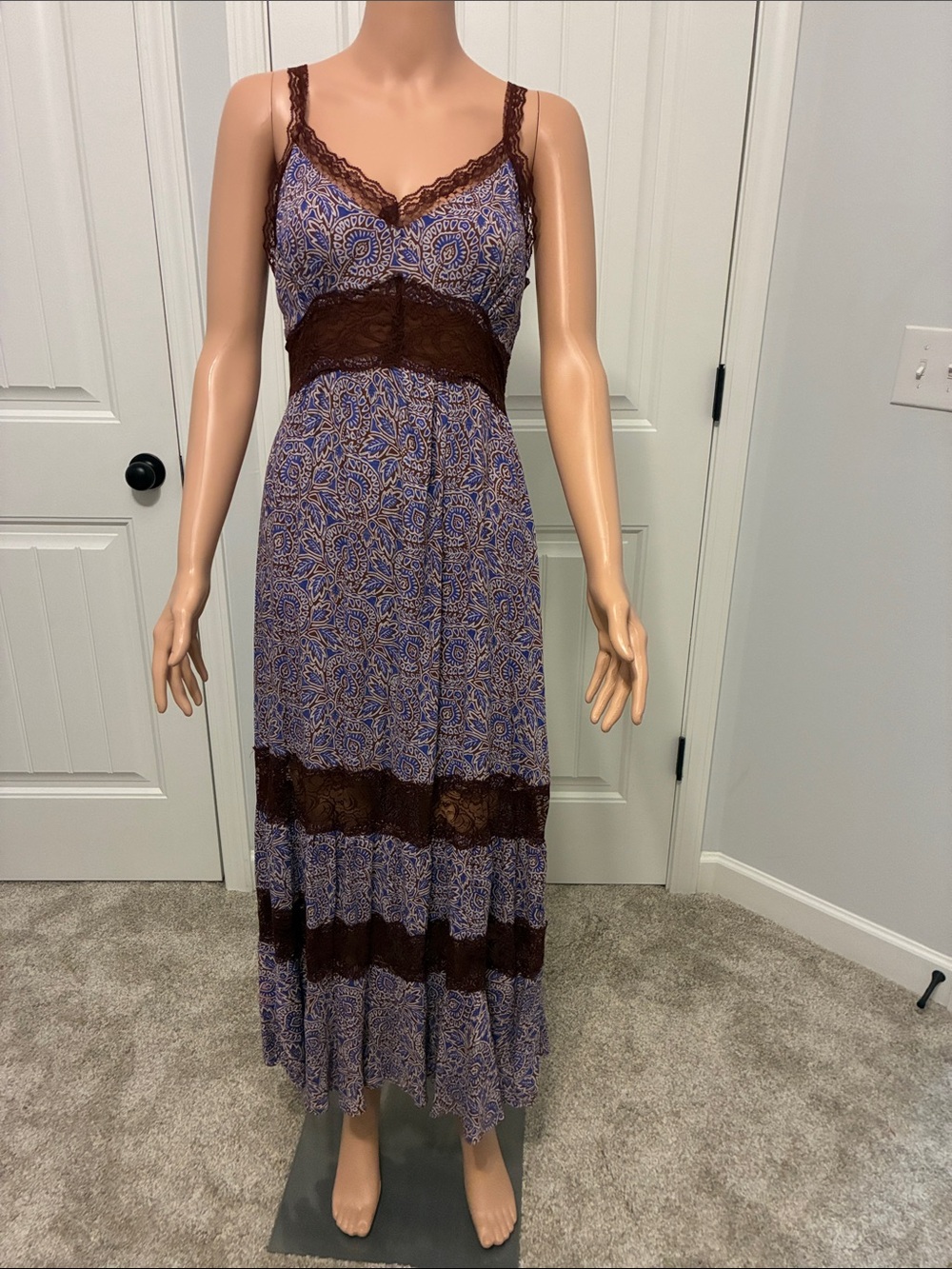 Brown Lace-Trim Maxi Dress with Blue Paisley Print by Angie.